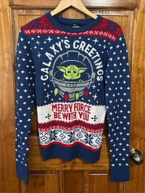 Star Wars Knitted Sweater Ugly Christmas Baby Yoda Womens Small Fair Isle Print